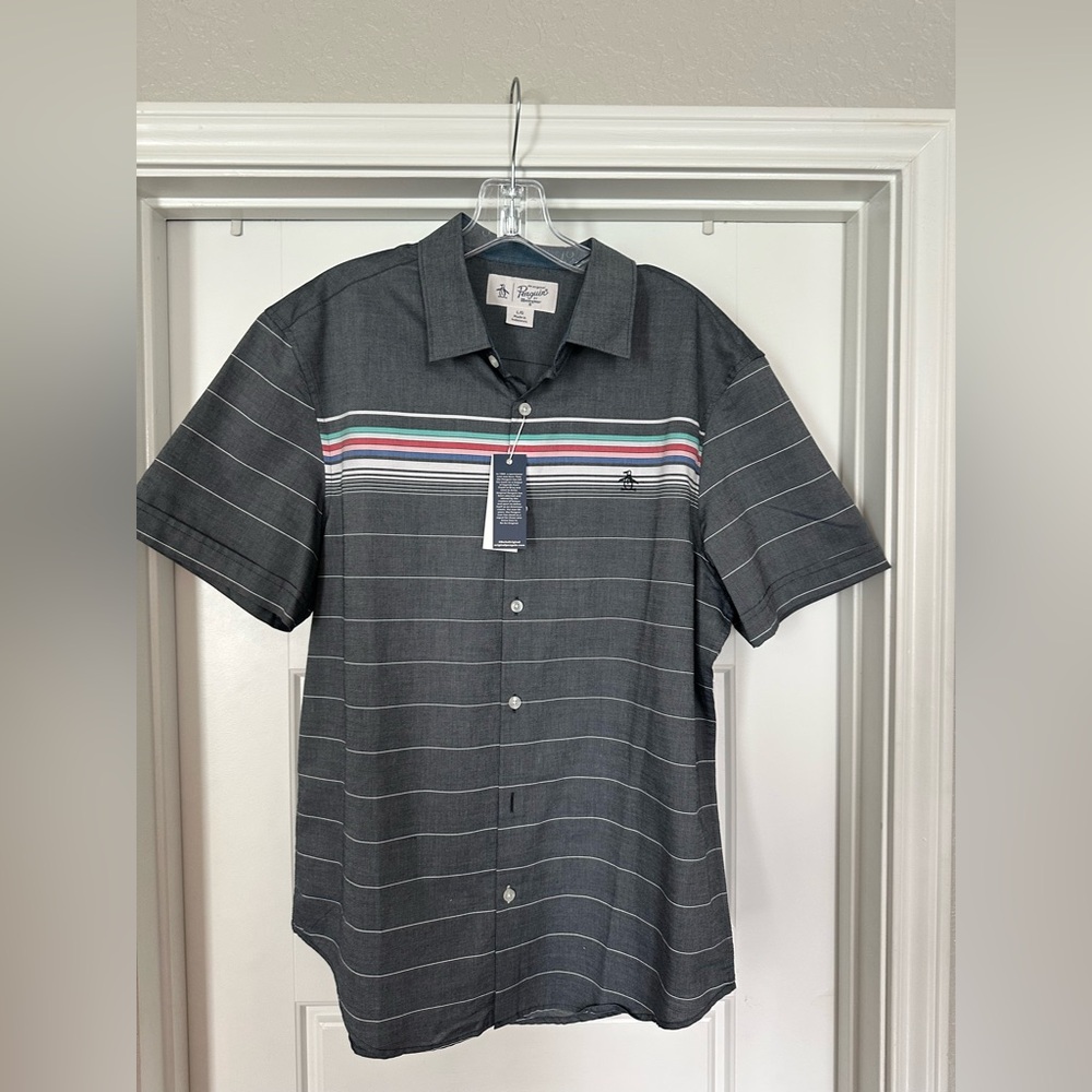Original Penguin Men's Charcoal Striped Button Down Shirt